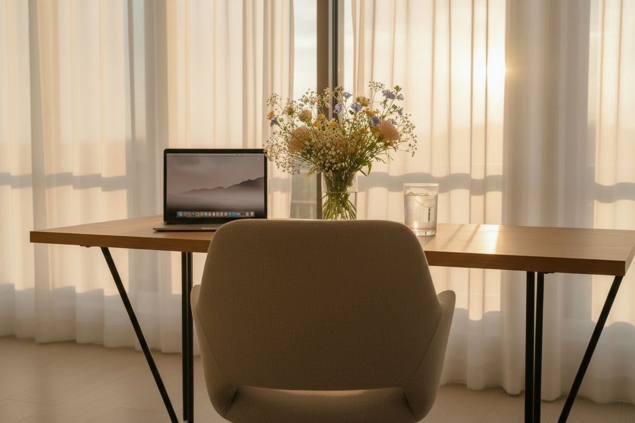 Aesthetic Desk with Chair and Wildflowers